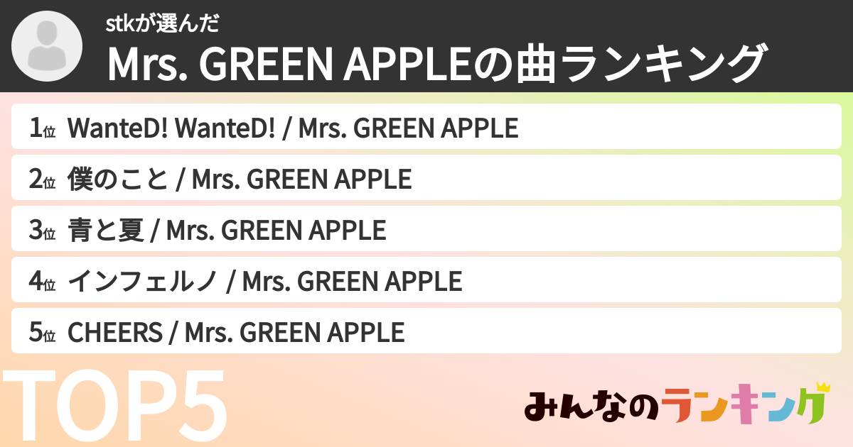 stkさんの「Mrs. GREEN APPLEの曲ランキング」