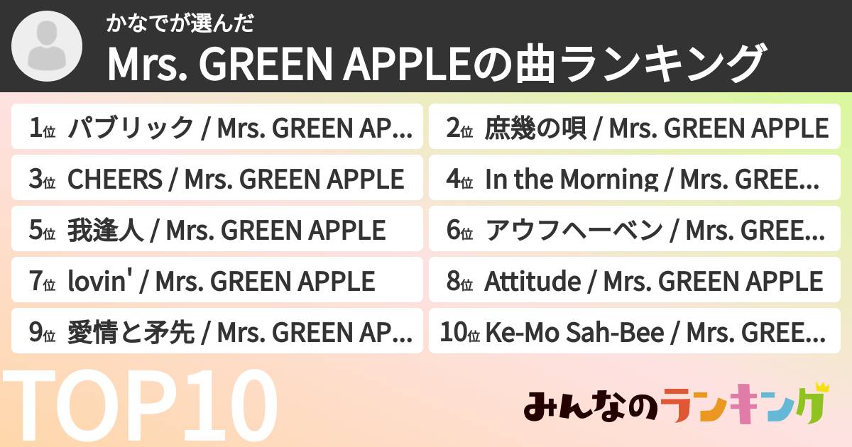 かなでさんの「Mrs. GREEN APPLEの曲ランキング」