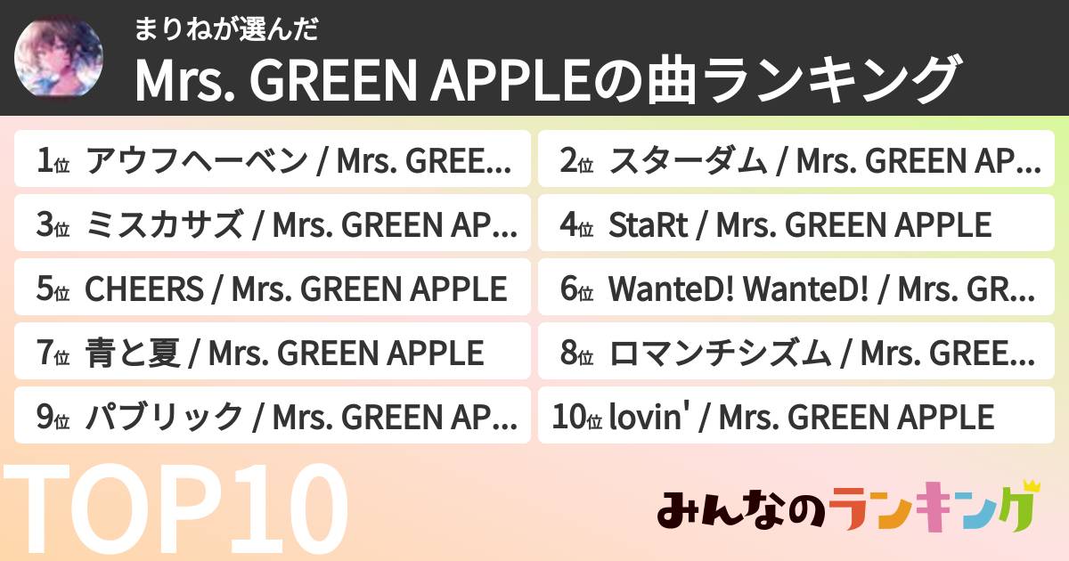 まりねさんの「Mrs. GREEN APPLEの曲ランキング」