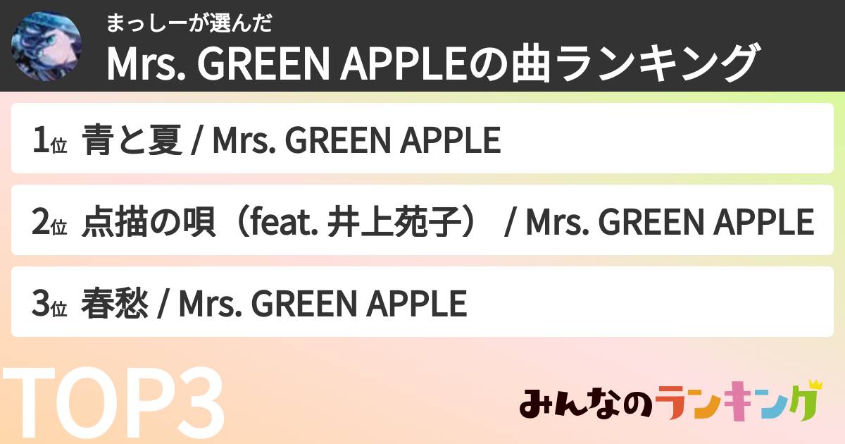まっしーさんの「Mrs. GREEN APPLEの曲ランキング」