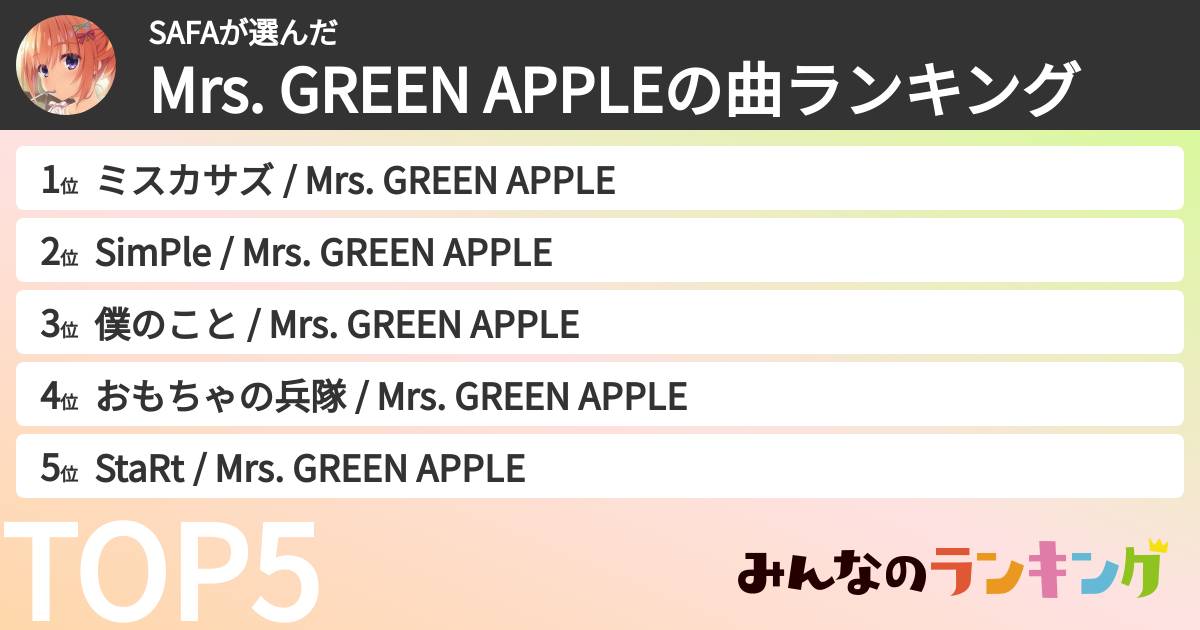 SAFAさんの「Mrs. GREEN APPLEの曲ランキング」