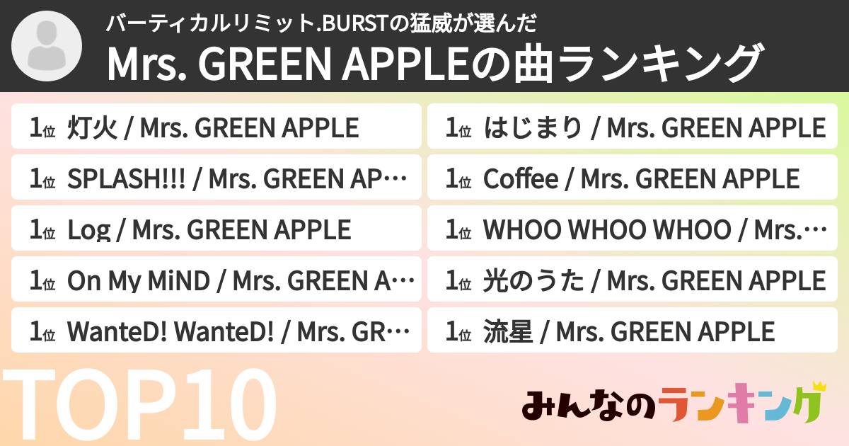 バーティカルリミット.BURSTの猛威さんの「Mrs. GREEN APPLEの曲ランキング」