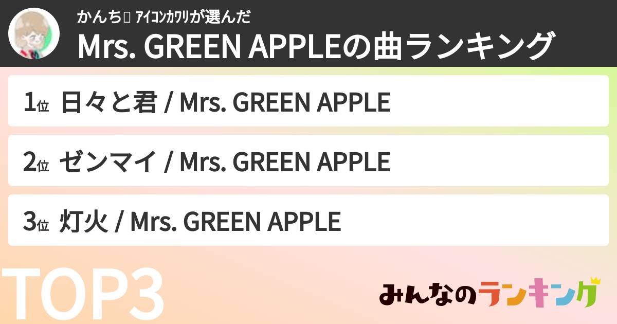 かんち👼 ｱｲｺﾝｶﾜﾘさんの「Mrs. GREEN APPLEの曲ランキング」