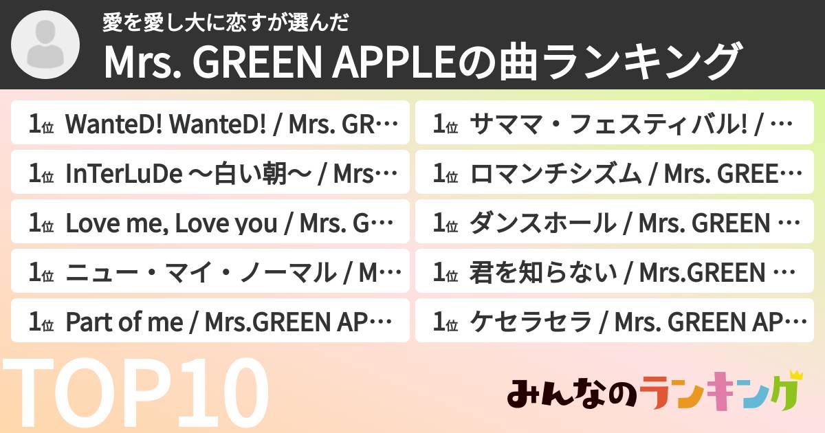 愛を愛し大に恋すさんの「Mrs. GREEN APPLEの曲ランキング」
