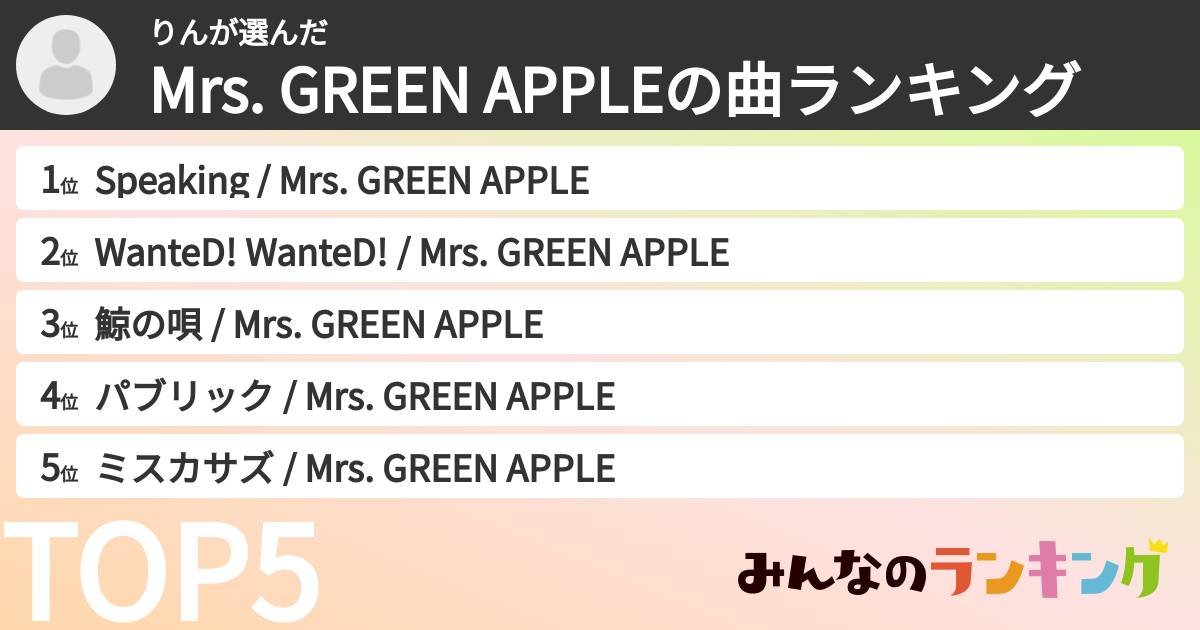 りんさんの「Mrs. GREEN APPLEの曲ランキング」