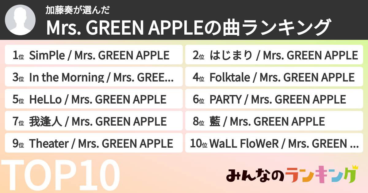 加藤奏さんの「Mrs. GREEN APPLEの曲ランキング」