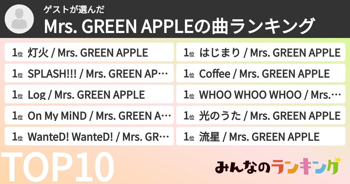 ゲストさんの「Mrs. GREEN APPLEの曲ランキング」