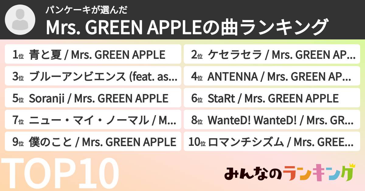 パンケーキさんの「Mrs. GREEN APPLEの曲ランキング」