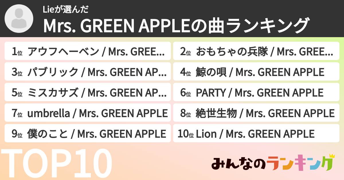 Lieさんの「Mrs. GREEN APPLEの曲ランキング」