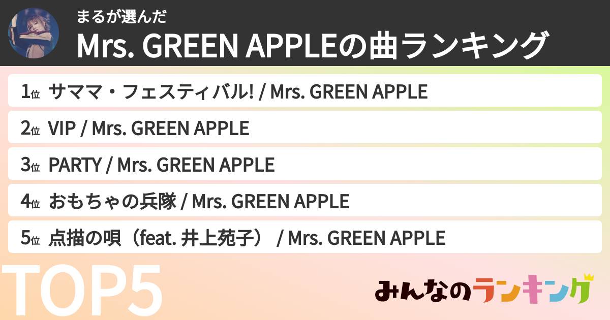 まるさんの「Mrs. GREEN APPLEの曲ランキング」