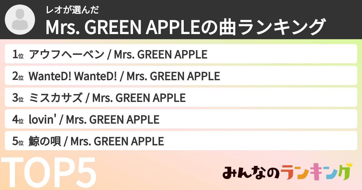 レオさんの「Mrs. GREEN APPLEの曲ランキング」