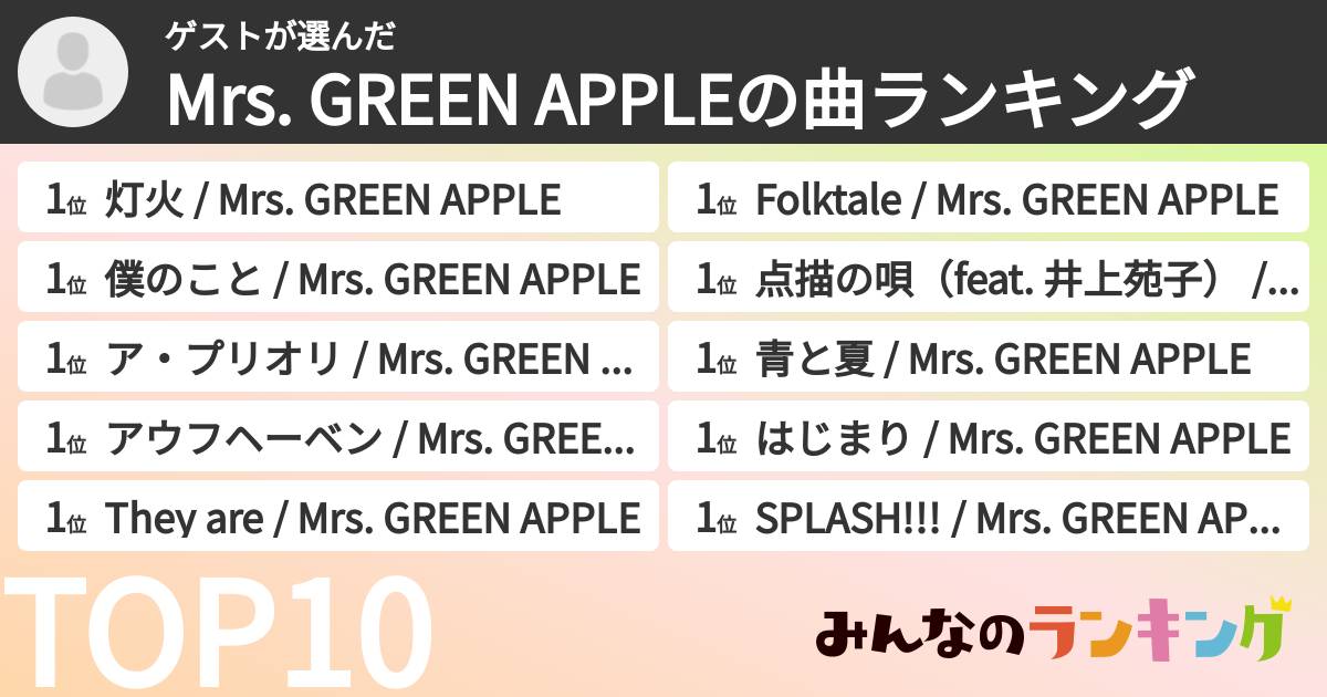 ゲストさんの「Mrs. GREEN APPLEの曲ランキング」