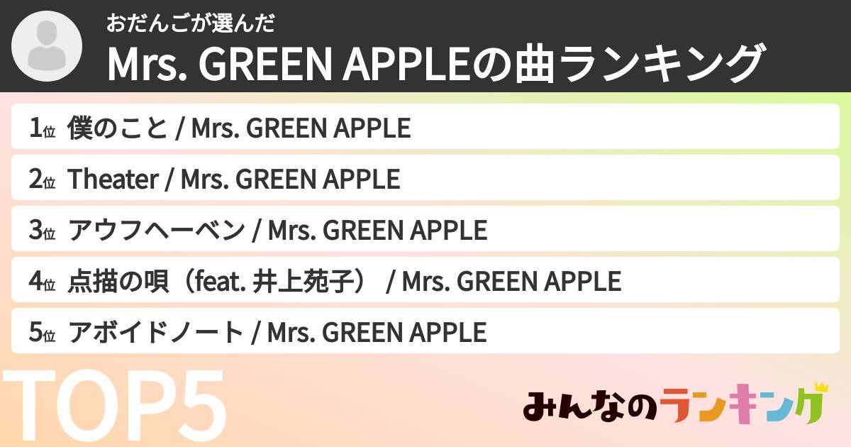 おだんごさんの「Mrs. GREEN APPLEの曲ランキング」