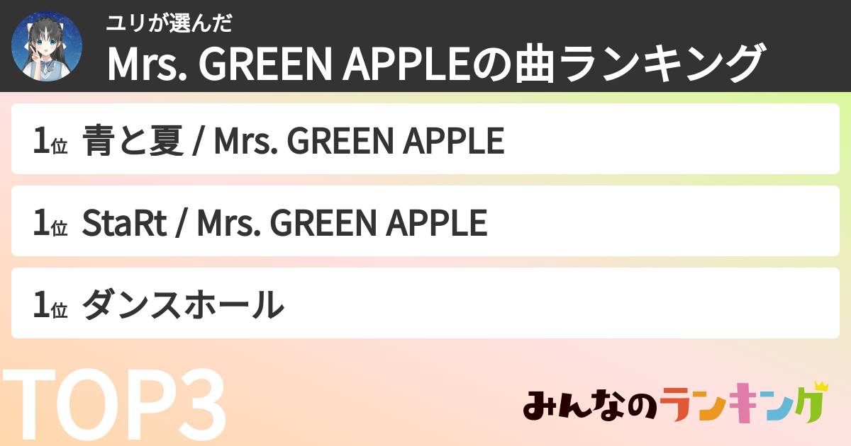 ユリさんの「Mrs. GREEN APPLEの曲ランキング」