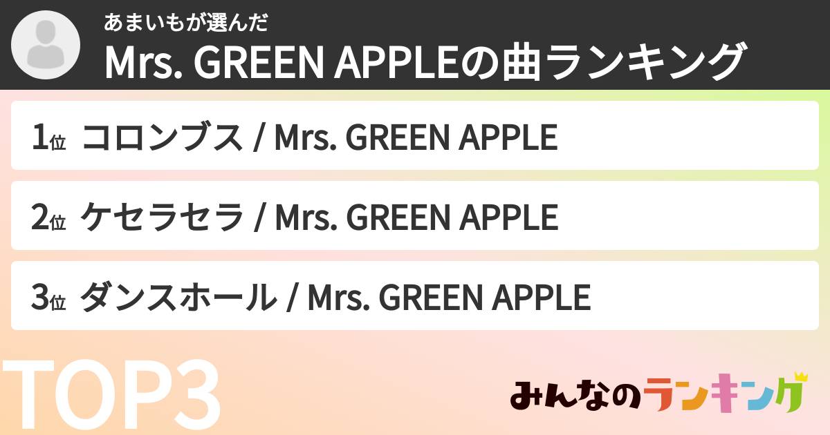 あまいもさんの「Mrs. GREEN APPLEの曲ランキング」