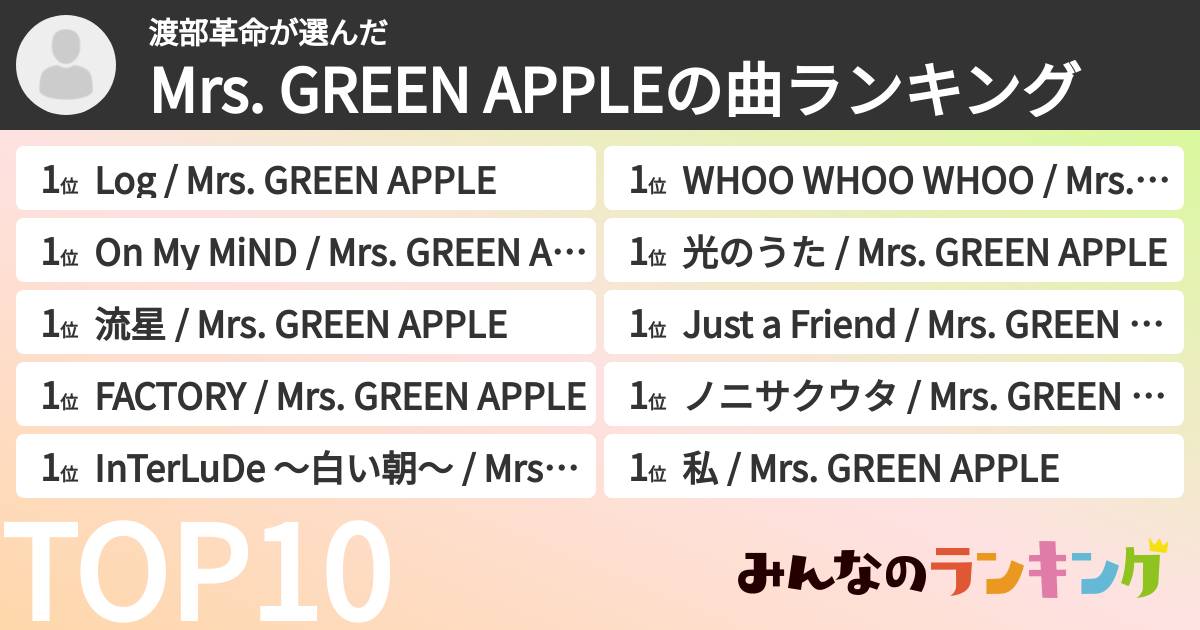 渡部革命さんの「Mrs. GREEN APPLEの曲ランキング」