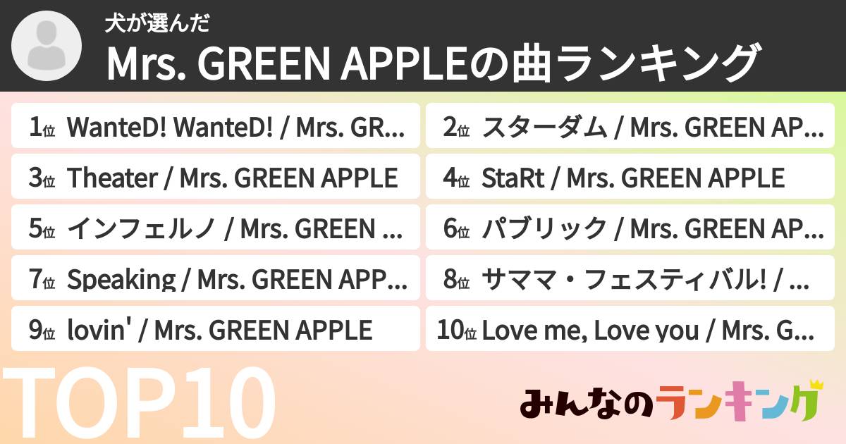 犬さんの「Mrs. GREEN APPLEの曲ランキング」