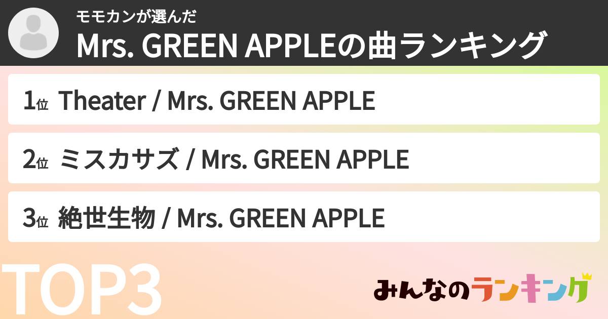 モモカンさんの「Mrs. GREEN APPLEの曲ランキング」