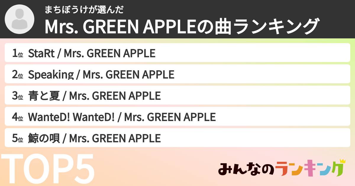 まちぼうけさんの「Mrs. GREEN APPLEの曲ランキング」