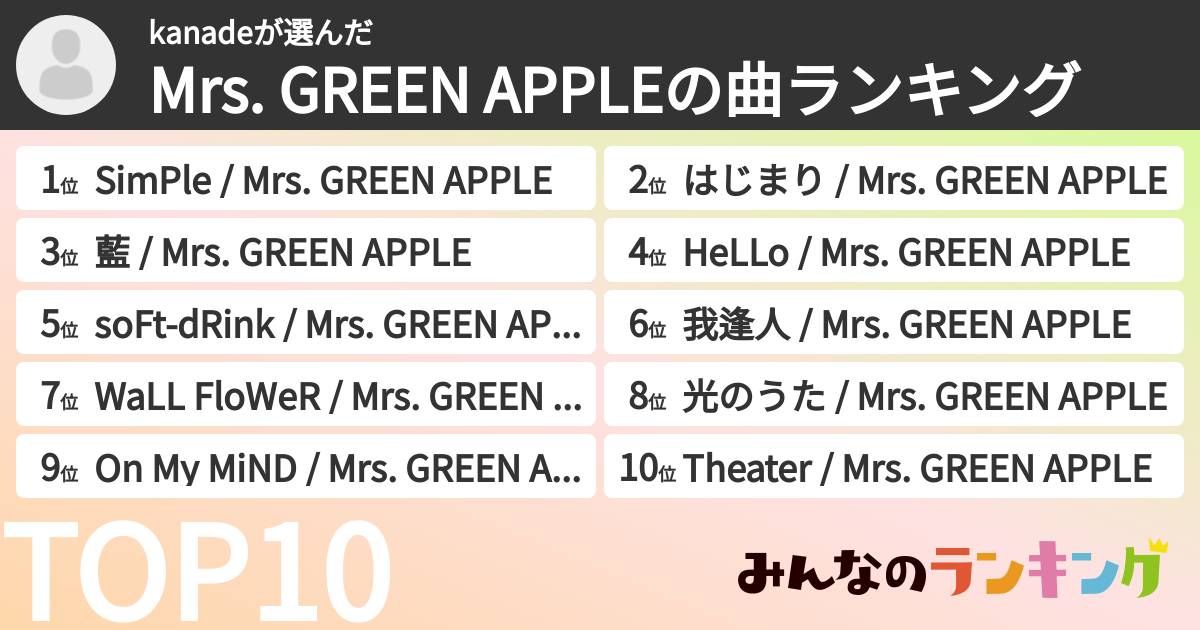 kanadeさんの「Mrs. GREEN APPLEの曲ランキング」