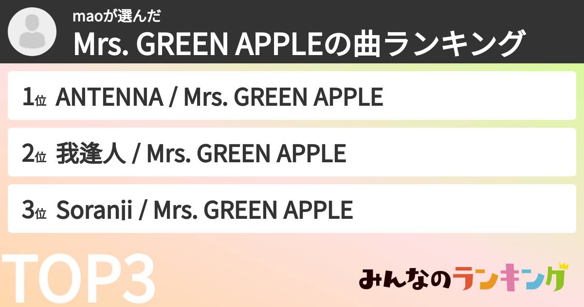 maoさんの「Mrs. GREEN APPLEの曲ランキング」