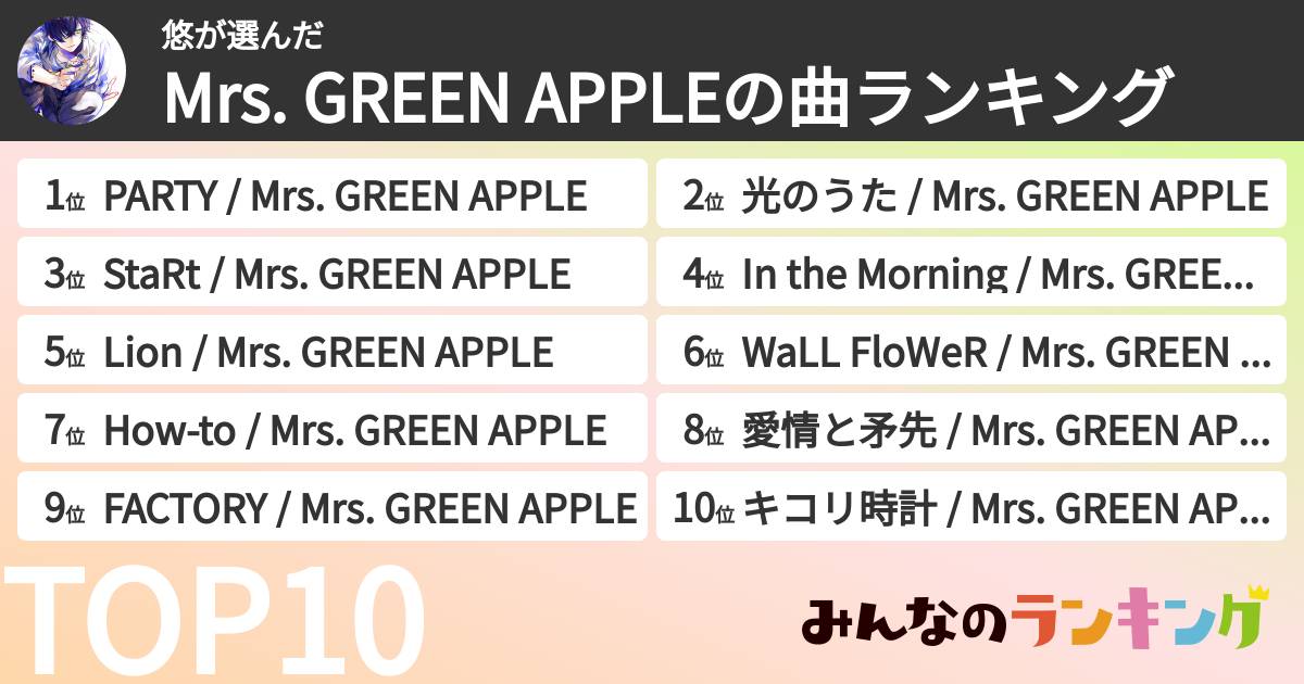 悠さんの「Mrs. GREEN APPLEの曲ランキング」