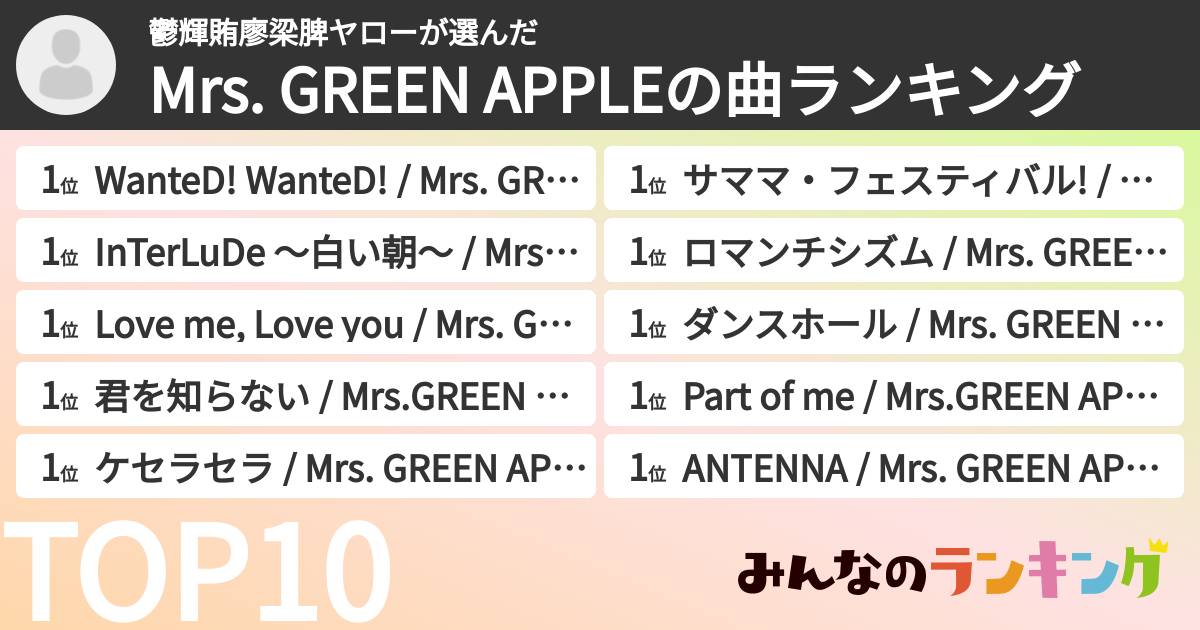 鬱輝賄廖梁脾ヤローさんの「Mrs. GREEN APPLEの曲ランキング」
