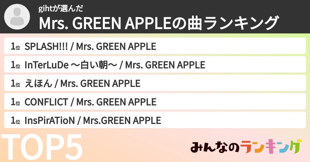 gihtさんの「Mrs. GREEN APPLEの曲ランキング」