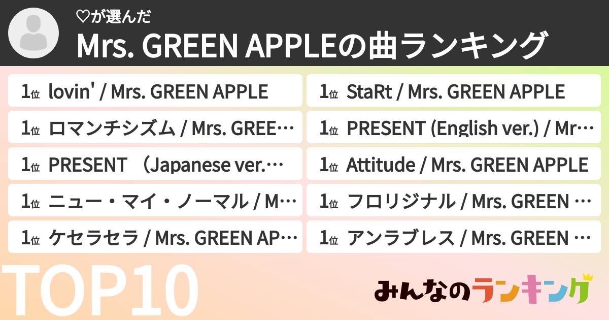 ♡さんの「Mrs. GREEN APPLEの曲ランキング」