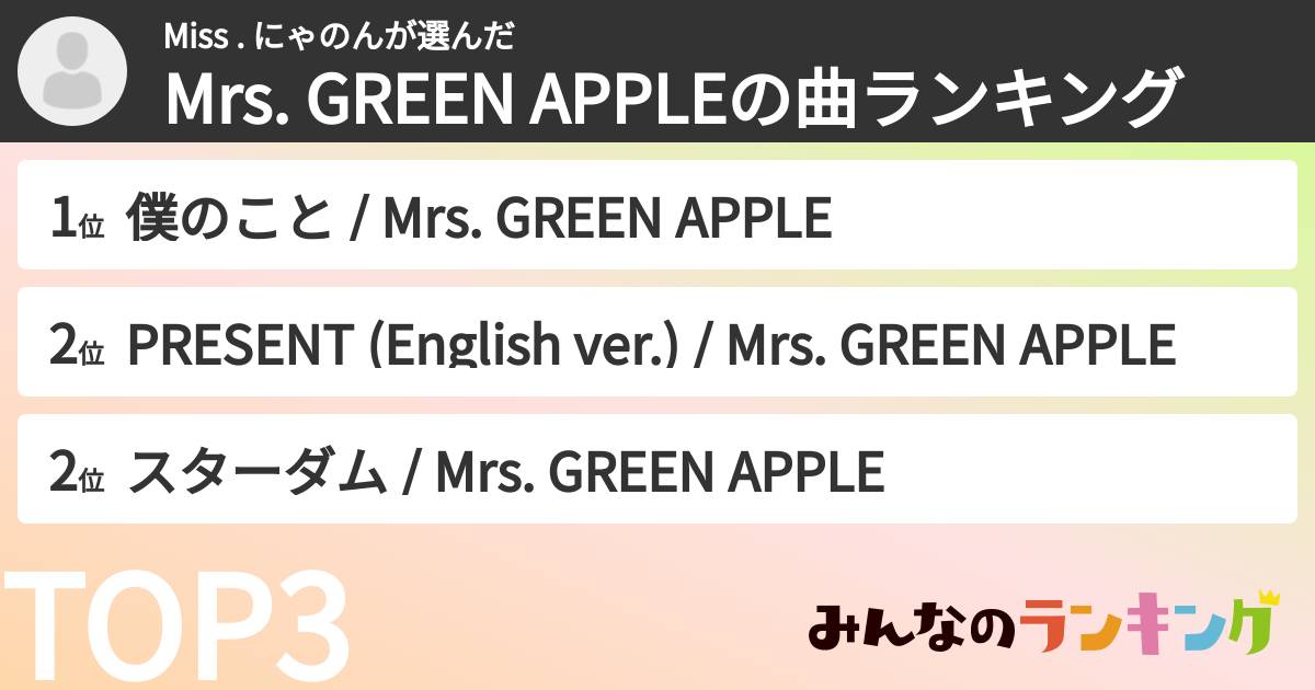Miss . にゃのんさんの「Mrs. GREEN APPLEの曲ランキング」