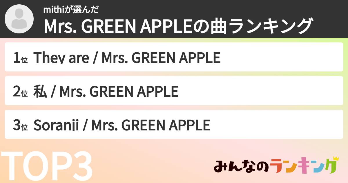 mithiさんの「Mrs. GREEN APPLEの曲ランキング」