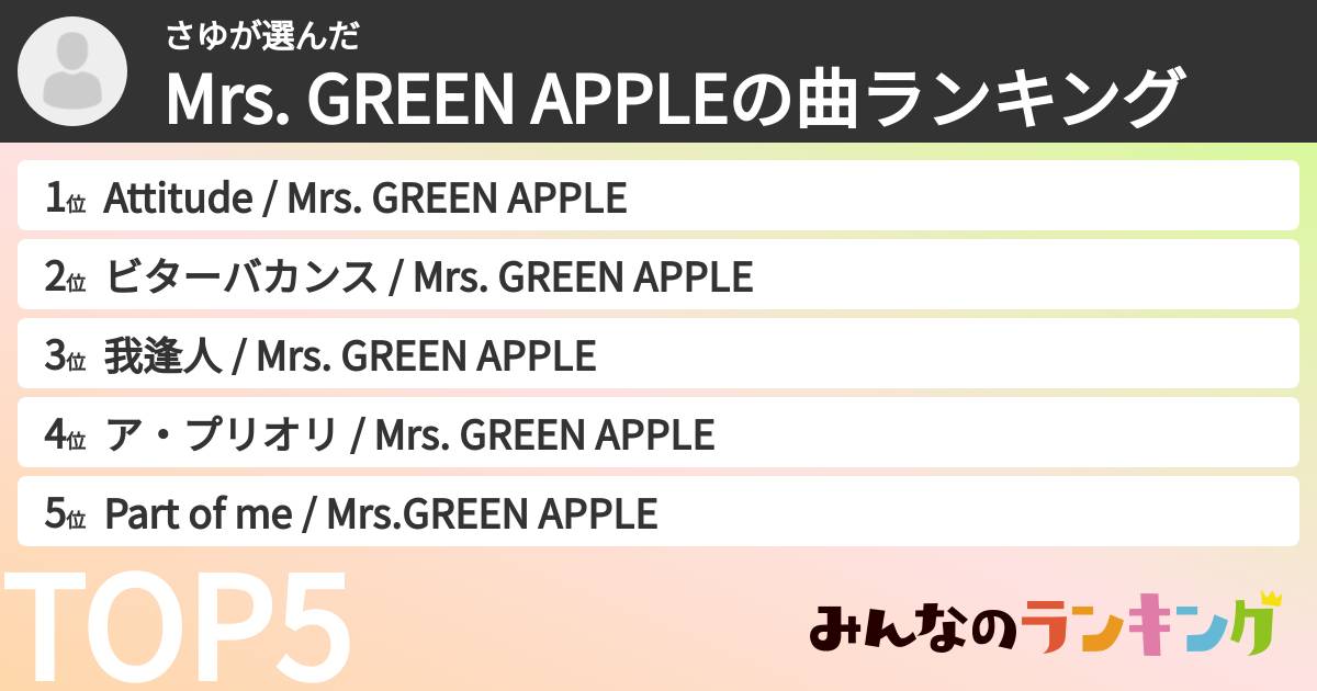 さゆさんの「Mrs. GREEN APPLEの曲ランキング」