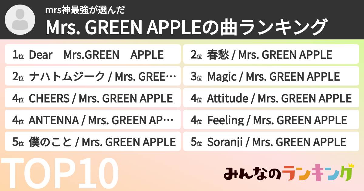 mrs神最強さんの「Mrs. GREEN APPLEの曲ランキング」