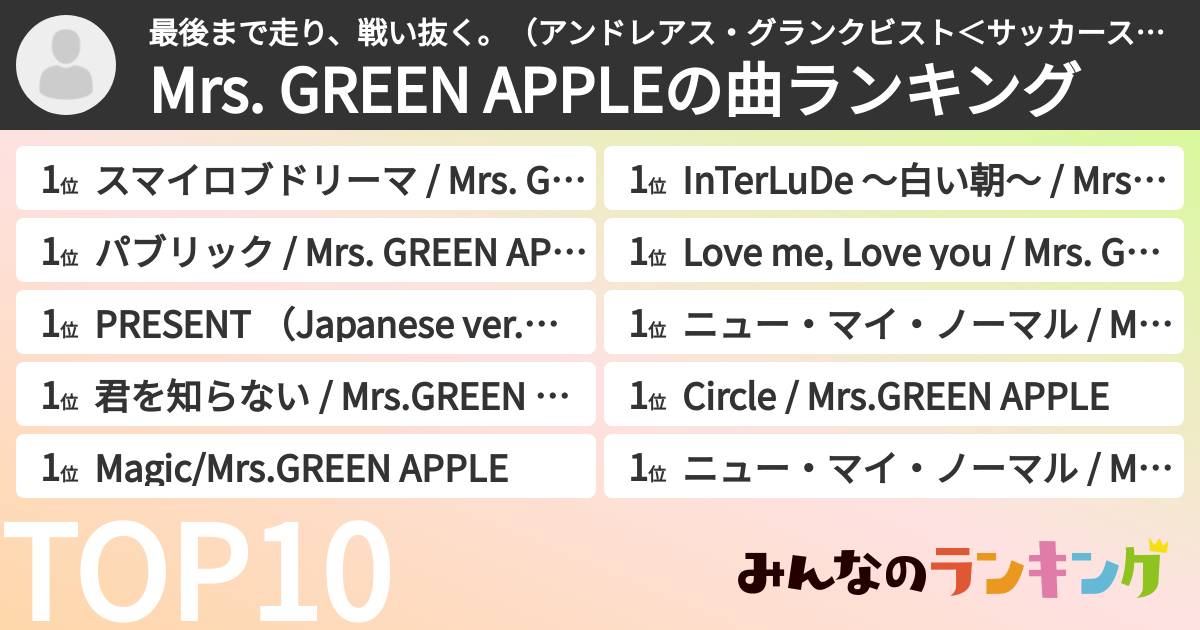 最後まで走り、戦い抜く。(アンドレアス・グランクビスト<サッカースウェーデン代表>)さんの「Mrs. GREEN APPLEの曲ランキング」