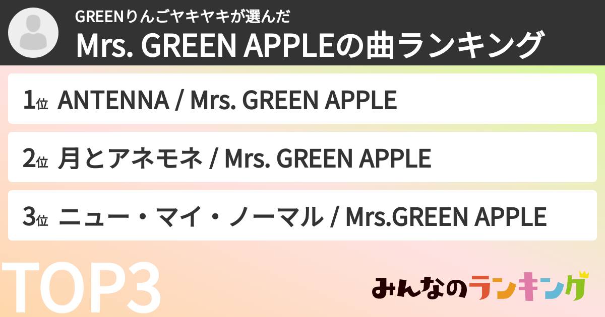 GREENりんごヤキヤキさんの「Mrs. GREEN APPLEの曲ランキング」