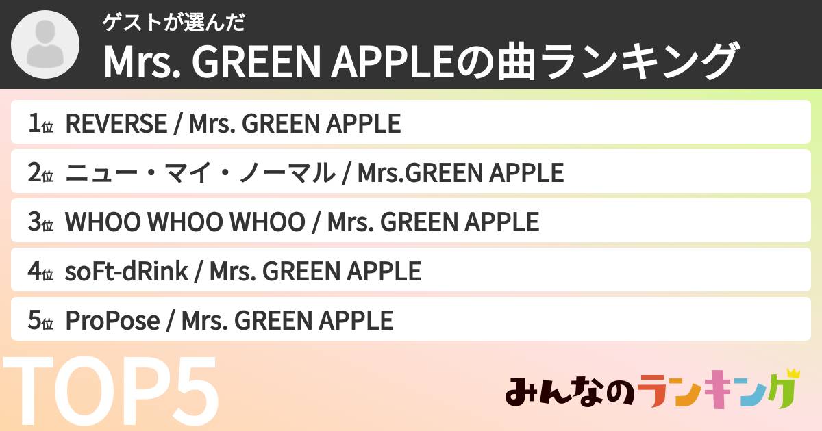ゲストさんの「Mrs. GREEN APPLEの曲ランキング」