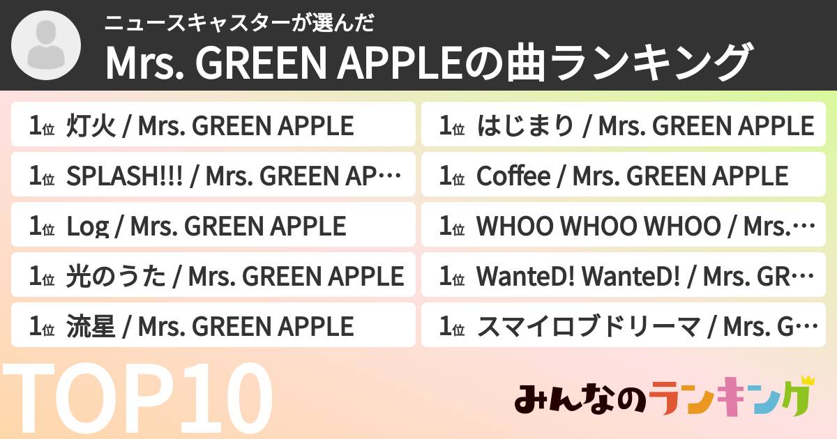 ニュースキャスターさんの「Mrs. GREEN APPLEの曲ランキング」