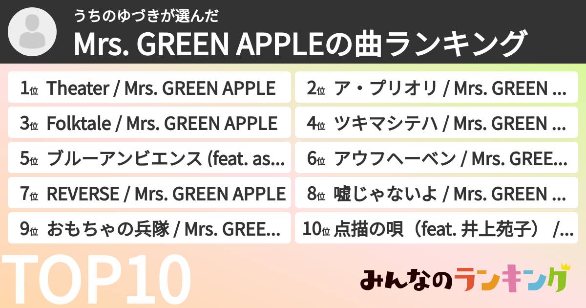 うちのゆづきさんの「Mrs. GREEN APPLEの曲ランキング」