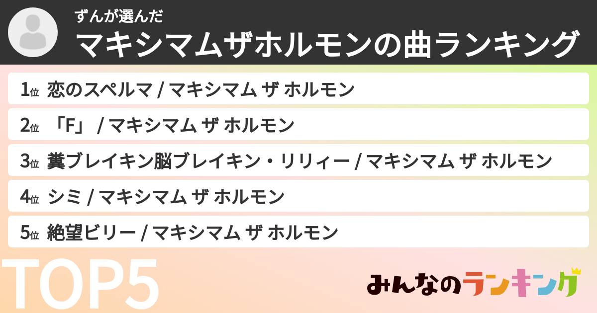 ずんさんの「マキシマムザホルモンの曲ランキング」