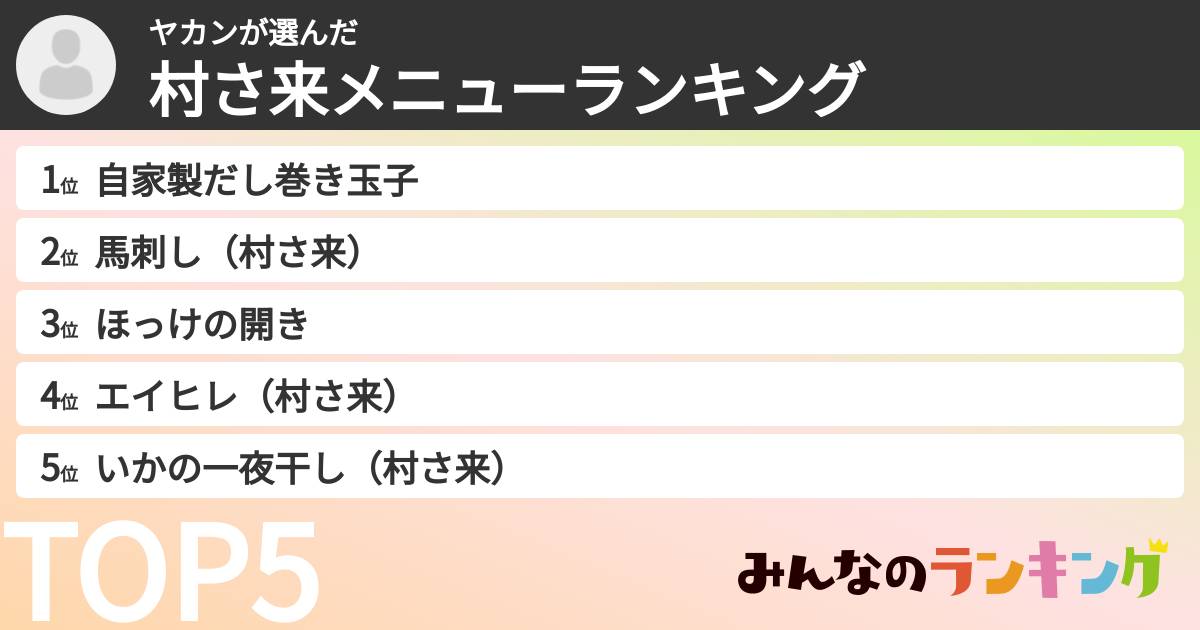 ヤカンさんの「村さ来メニューランキング」