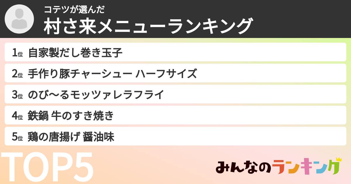 コテツさんの「村さ来メニューランキング」