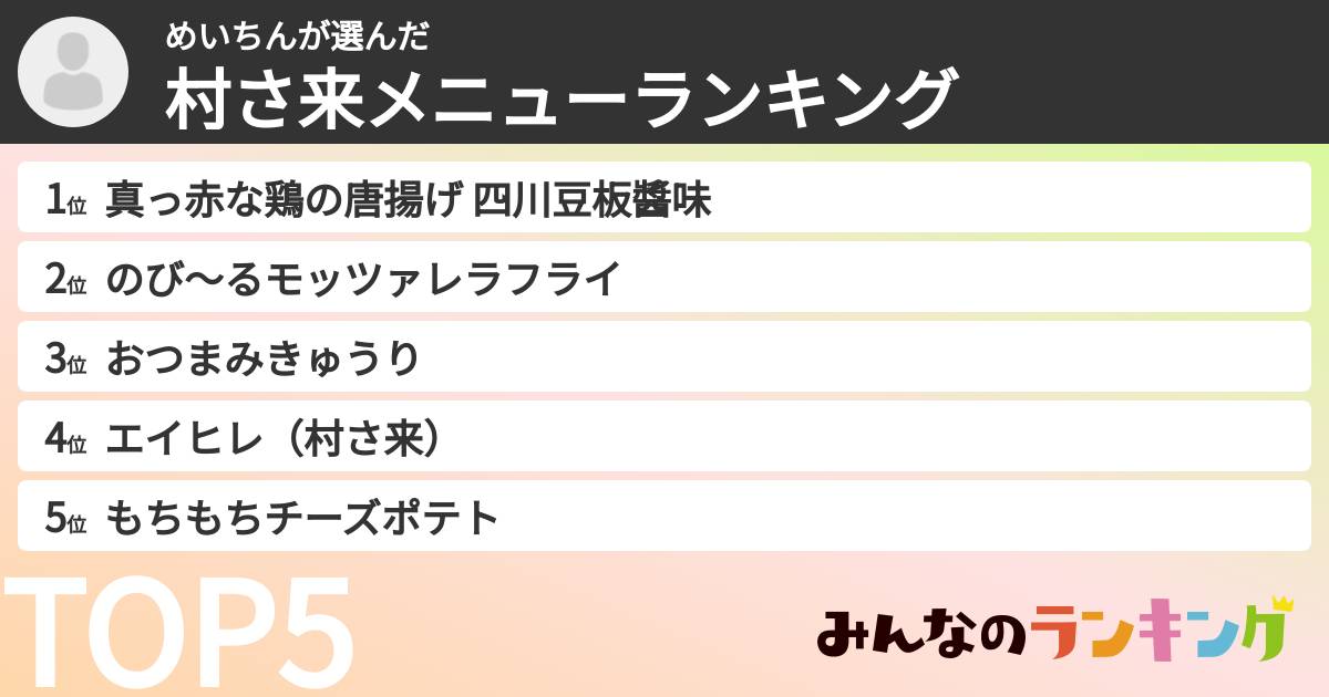 めいちんさんの「村さ来メニューランキング」