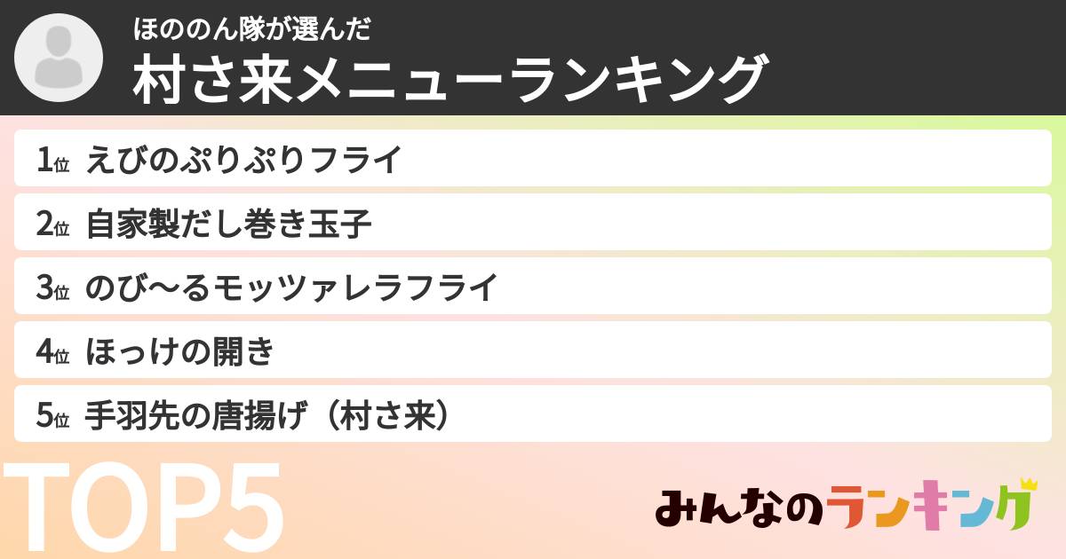 ほののん隊さんの「村さ来メニューランキング」
