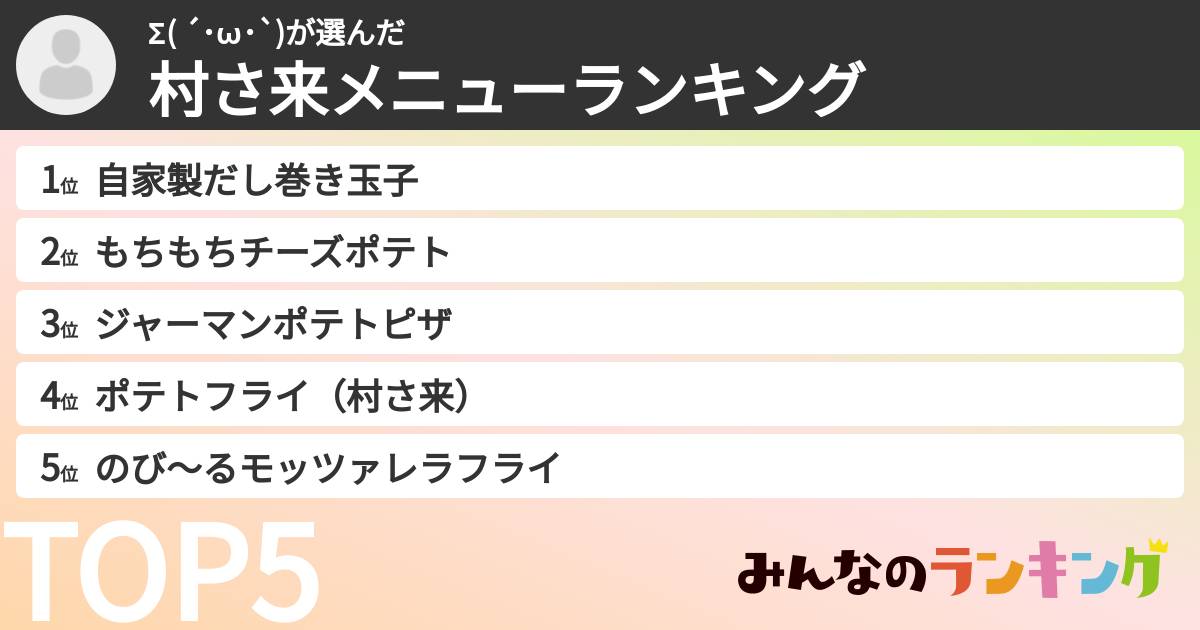 Σ( ´･ω･`)さんの「村さ来メニューランキング」