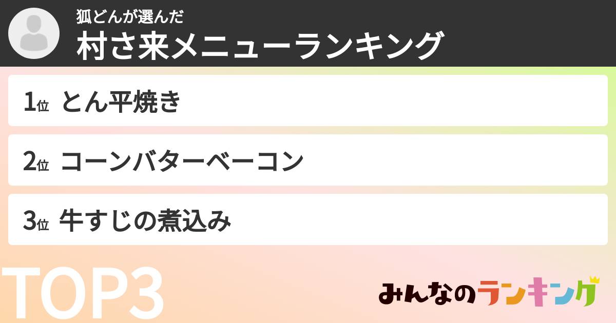 狐どんさんの「村さ来メニューランキング」