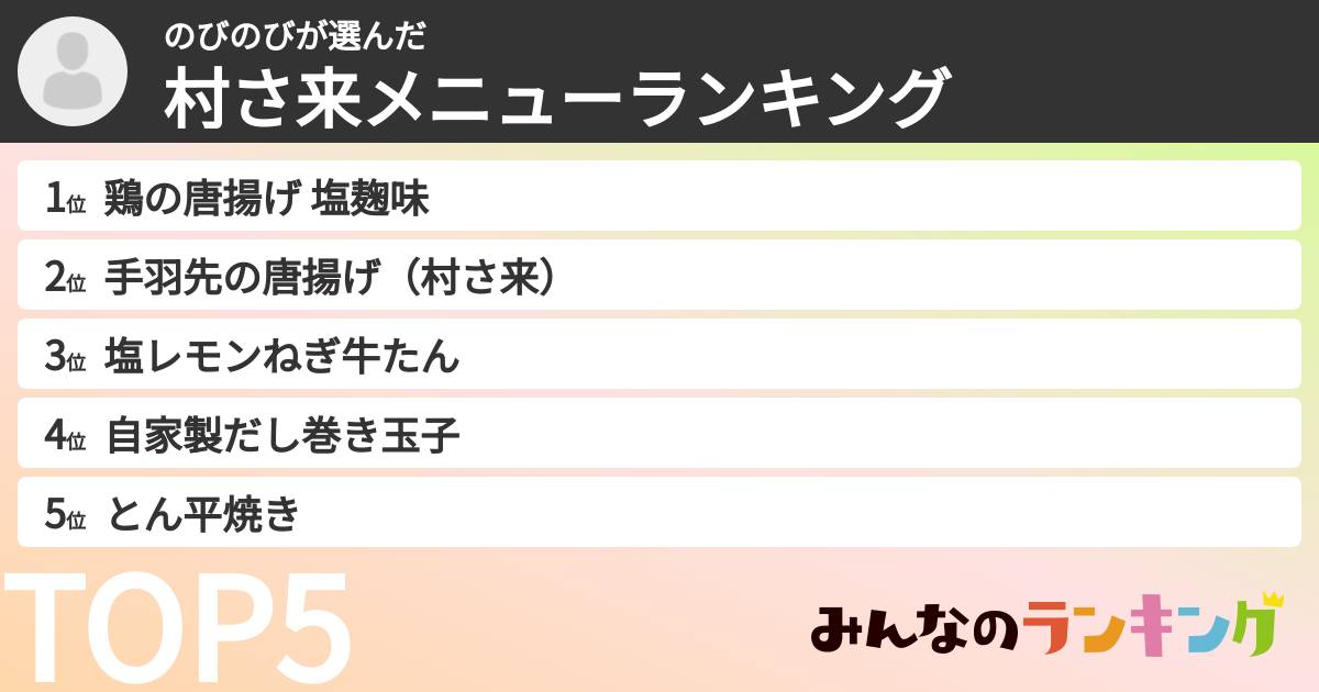 のびのびさんの「村さ来メニューランキング」