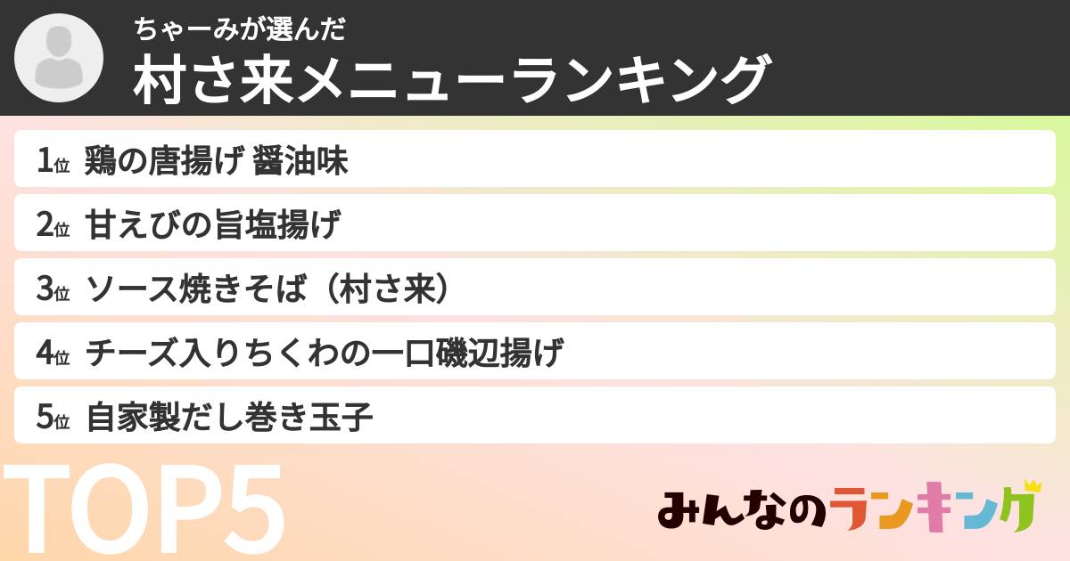 ちゃーみさんの「村さ来メニューランキング」