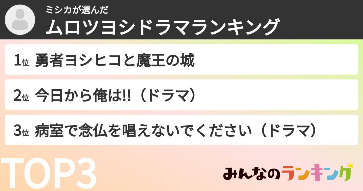 ミシカさんの「ムロツヨシドラマランキング」
