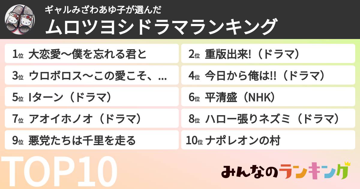 ギャルみざわあゆ子さんの「ムロツヨシドラマランキング」