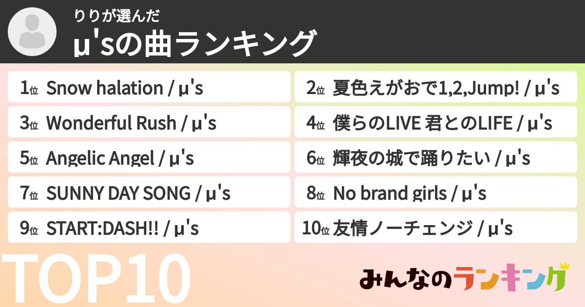 りりさんの「μ'sの曲ランキング」